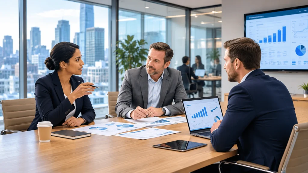 Business professionals discussing growth strategy