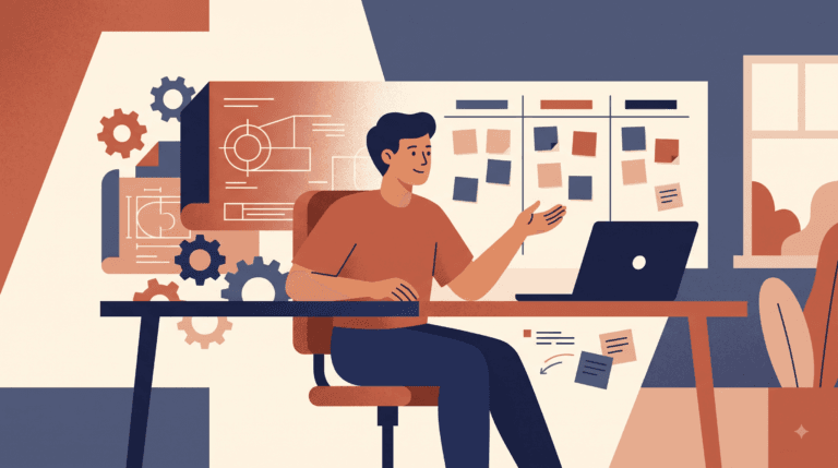 Home Illustration representing a career shift from mechanical engineering to project management.