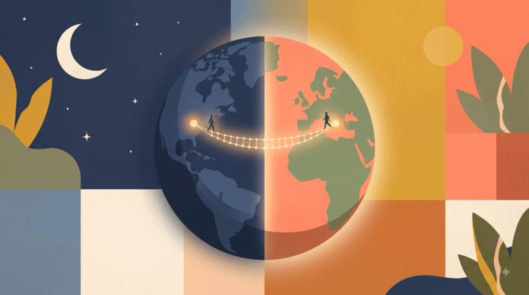 Home Globe illustration showing onshore and offshore teams connected across time zones