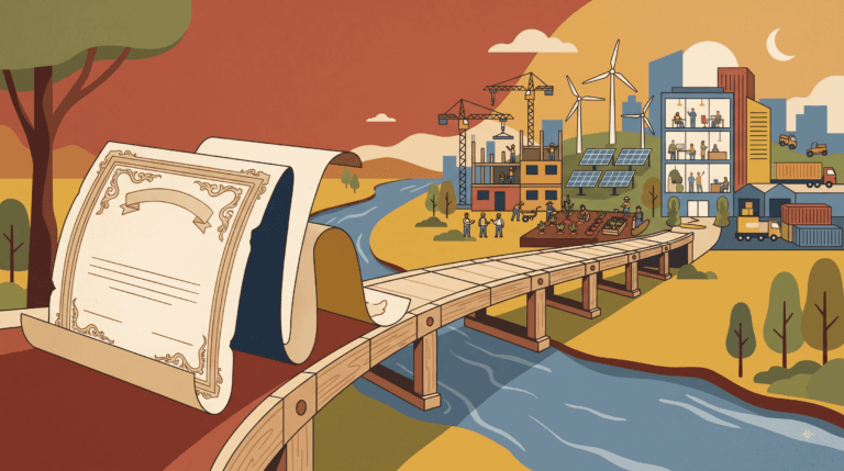 Home Certificate transforming into a bridge, symbolizing PM certifications versus real-world experience