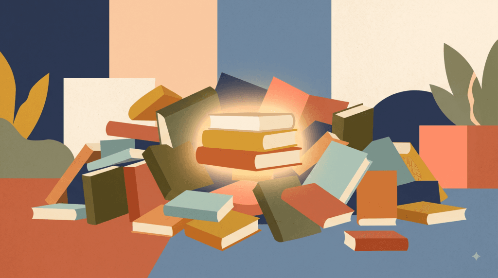 Top 3 Books Every Project Manager Should Read to Accelerate Their Career Three glowing project management books standing out from a larger toppled pile of books