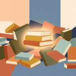 Three glowing project management books standing out from a larger toppled pile of books
